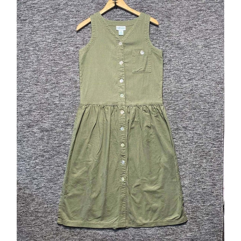 VTG Just Clothes Dress Women XS Olive Green Button Front Linen‎ Cotton Midi Boho